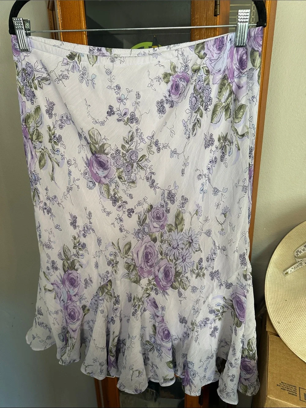 Lavender Floral Midi Skirt with Ruffle Hem